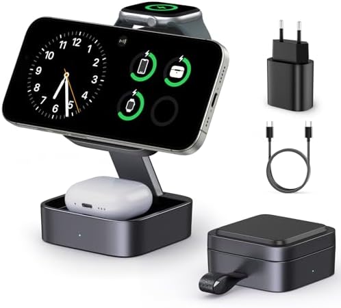 3-en-1 Station De Recharge pour Apple, Magnétique Pliable Rapide Chargeur de Voyage Compatible Mag-Safe pour iPhone 17e/17/16/15/14/13/12/Air Série, Apple Watch & Air-Pods Pro/4/3/2|B0G146WZ2J